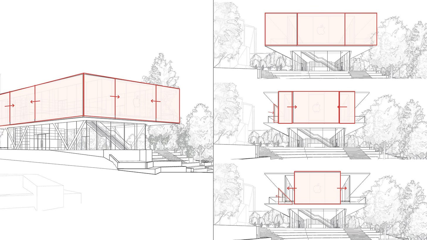 An updated rendering of Apple Federation Square. Black and white sketches demonstrate sliding sun shields around the perimeter.