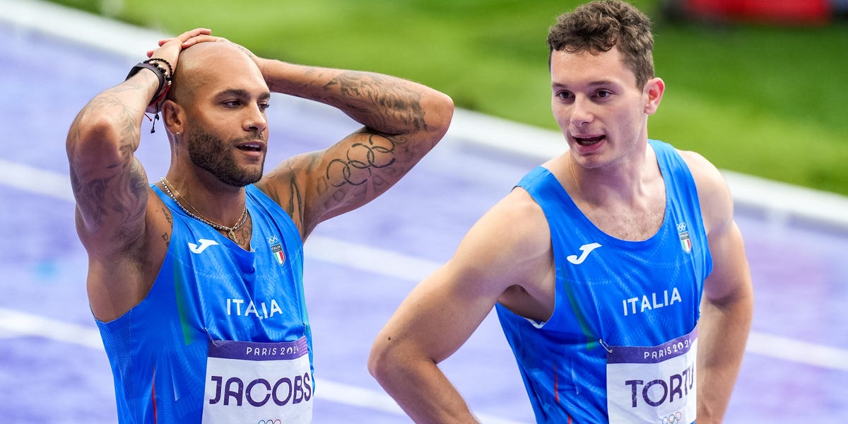Jacobs e Tortu alle Olimpiadi di Parigi del 2024, in cui l'Italia è arrivata quarta nella 4x100 maschile (Joris Verwijst/BSR Agency/Getty Images)