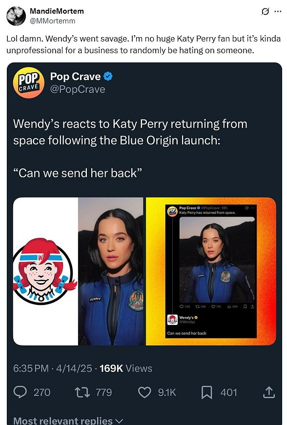 Wendy's UNDER FIRE over Katy Perry Blue Origin post 'wanting the pop star to die' as influencers hit out | Daily Mail Online Wendy's UNDER FIRE over Katy Perry Blue Origin post 'wanting the pop star to die' as influencers hit out | Daily Mail Online
