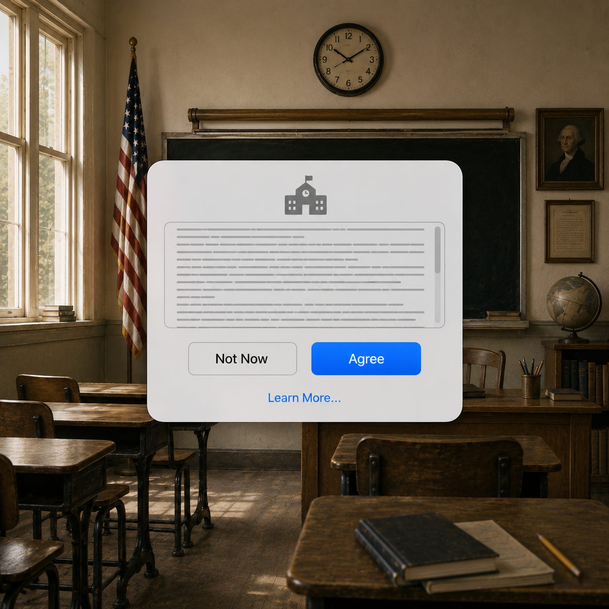 An old-fashioned classroom with wooden desks faces a chalkboard beneath a round wall clock. An American flag stands beside tall windows on the left, while a portrait, framed document, and globe sit to the right of the chalkboard. Centered over the classroom is a large, semi-transparent pop-up dialog with a school building icon, several lines of unreadable placeholder text, two buttons labeled “Not Now” and “Agree,” and a “Learn More...” link below.