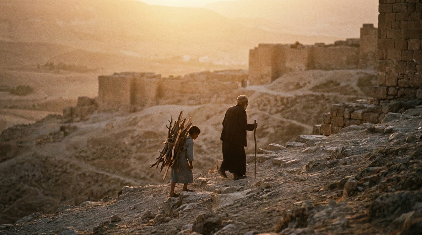 An old man and a boy walking up a rocky hillside path at first light, the boy carrying a bundle of split wood, seen from far behind as small figures, no faces, no text