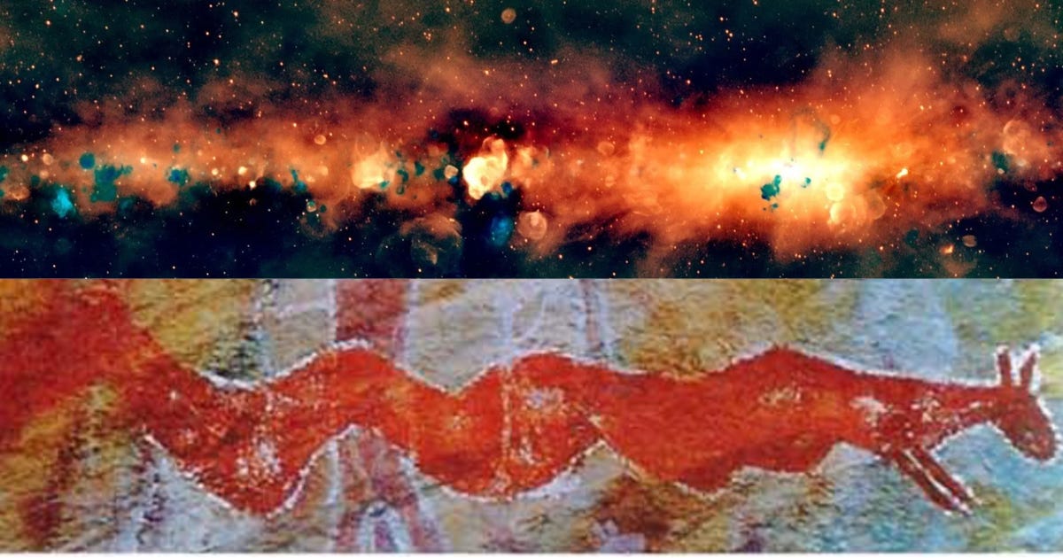 horizontal stack of two views of the Milky Way - on top is a radio-colored image and below is a Wardaman rock painting where the serpent represents the Milky Way