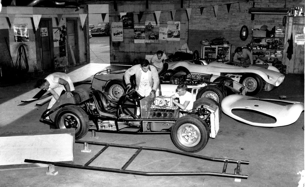 Dave MacDonald & Max Balchowsky at Hollywood Motors during construction of  the 1961 custom Corvette Special - aka Old Yeller V
