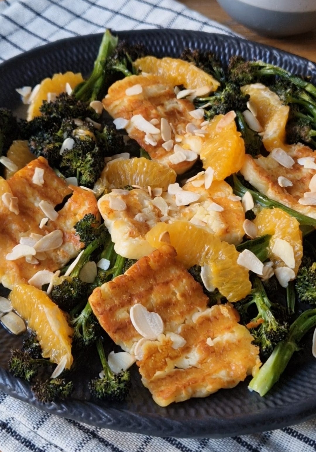 Roasted Purple Sprouting Broccoli with Grilled Halloumi, Orange and Almonds