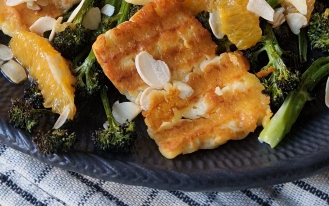 Roasted Purple Sprouting Broccoli with Grilled Halloumi, Orange and Almonds