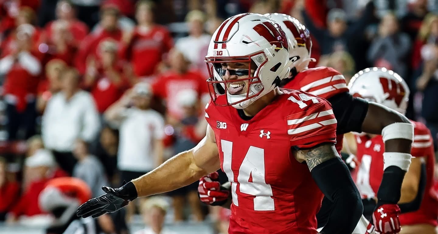 Wisconsin Badgers safety Preston Zachman celebrates on the field after making a play Wisconsin Badgers safety Preston Zachman celebrates on the field after making a play