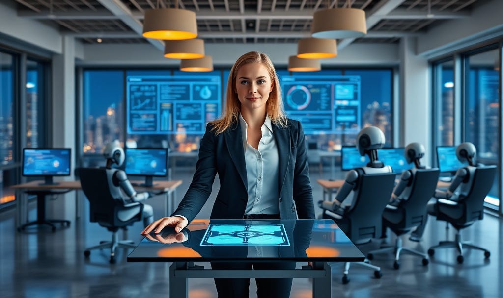 Femme orchestrant une équipe de robots