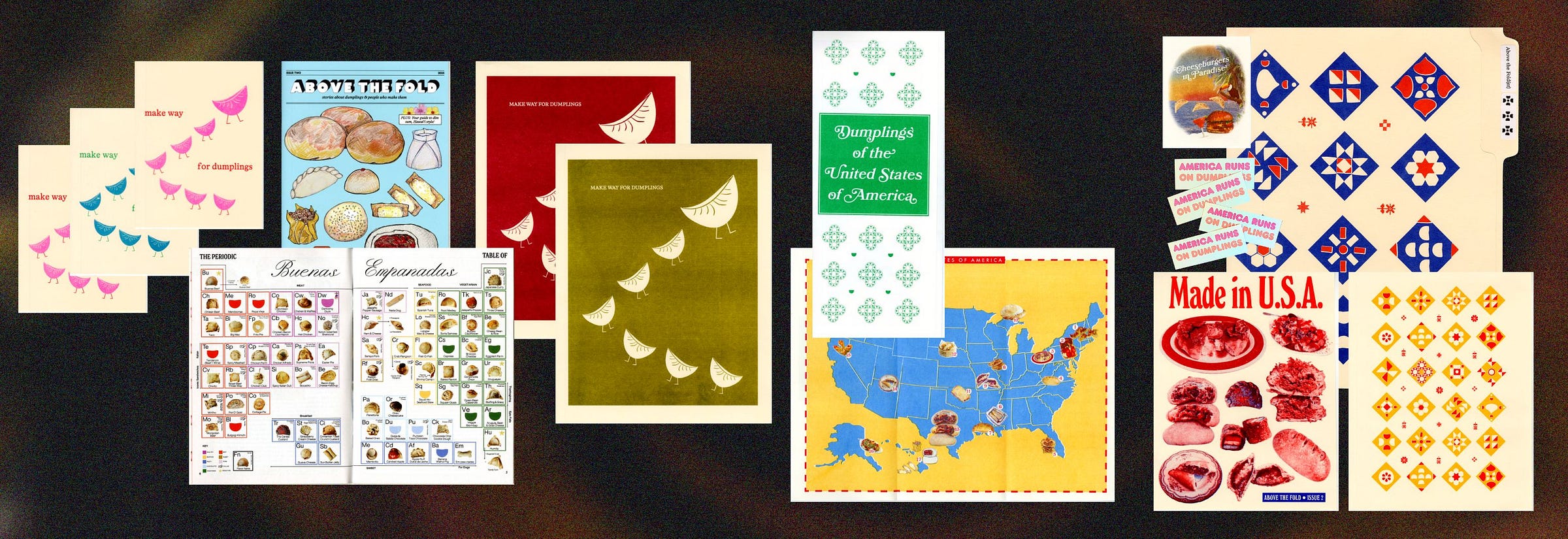 Printed notecards, riso dumpling prints, and maps, on a dark background Printed notecards, riso dumpling prints, and maps, on a dark background