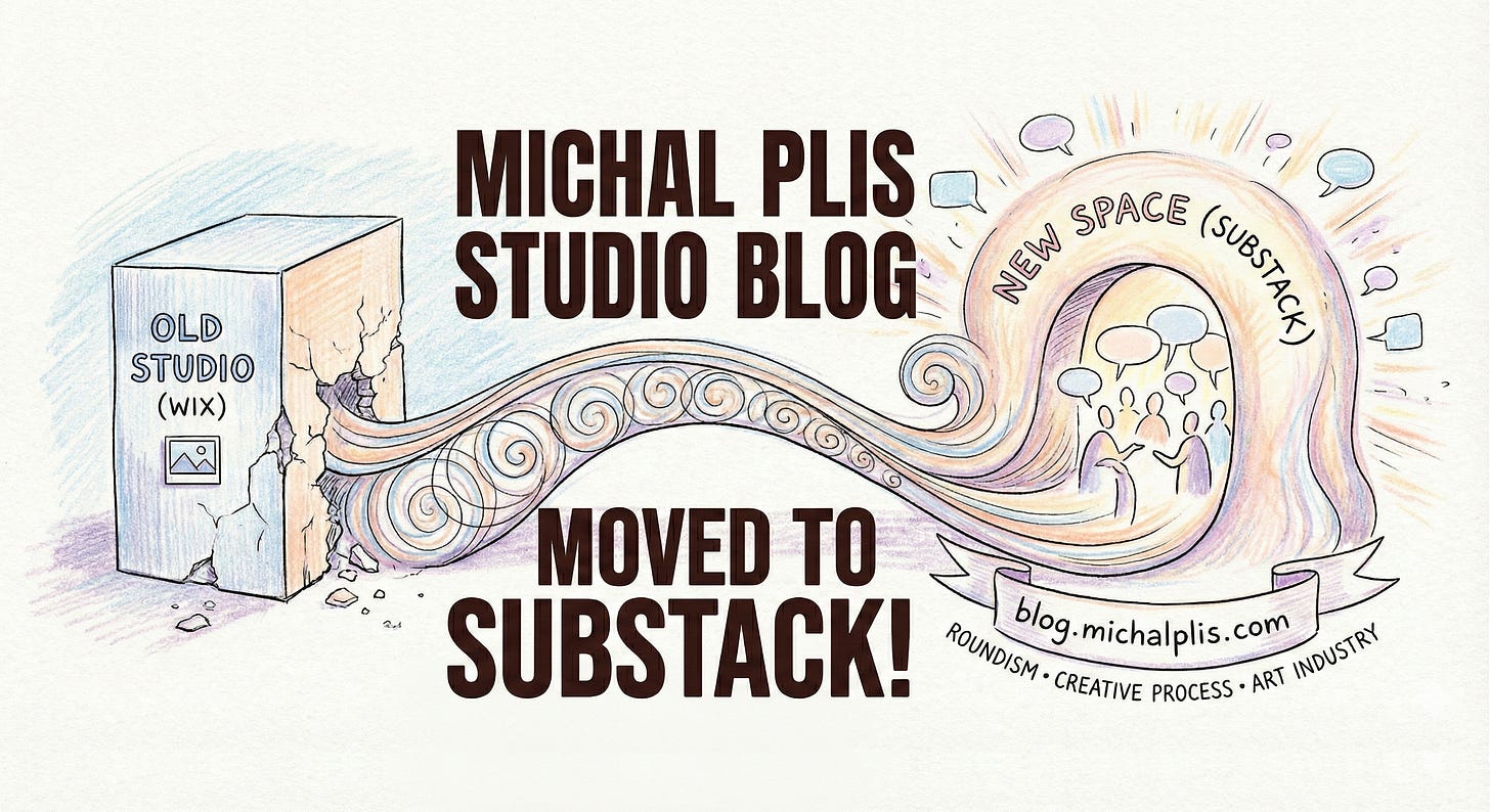 Hand-drawn illustration on textured paper with the large text "MICHAL PLIS STUDIO BLOG" at the top and "MOVED TO SUBSTACK!" at the bottom. The central drawing shows a swirling, colorful ribbon of energy flowing from a broken block labeled "OLD STUDIO (WIX)" on the left into a glowing archway labeled "NEW SPACE (SUBSTACK)" on the right, which contains stylized figures in conversation with speech bubbles. A banner below the arch reads "blog.michalplis.com" and "ROUNDISM • CREATIVE PROCESS • ART INDUSTRY."