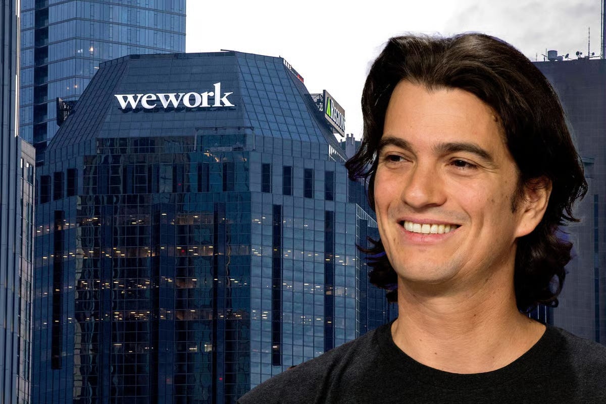 Adam Neumann smiling in front of the WeWork headquarters building in a city skyline. Adam Neumann smiling in front of the WeWork headquarters building in a city skyline.