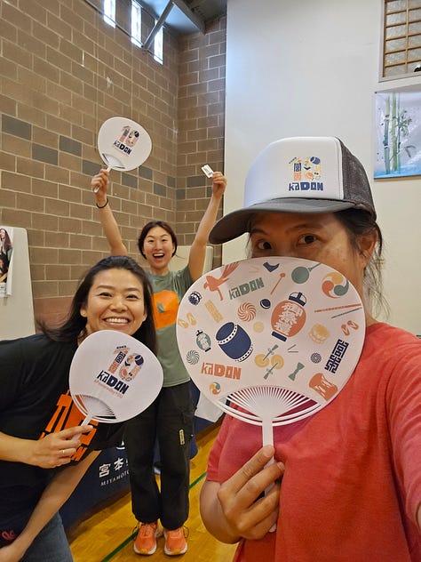 Glimpses: 1. HET + Searchlights BTS. 2. MBT Chicago bon odori. 3. HET at a post- Ginza fest break. 4. At Ginza festival with Masahiro Kawakami (tenugui craftsman). 5. kaDON krew. 6. Tawoo Taiko workshop in Chicago! 7. Teaching the awesome Teien no Taiko group of Rockford, IL. 8. Kaoly and Eri's kaDON intensive! 9. kaDON fam! 