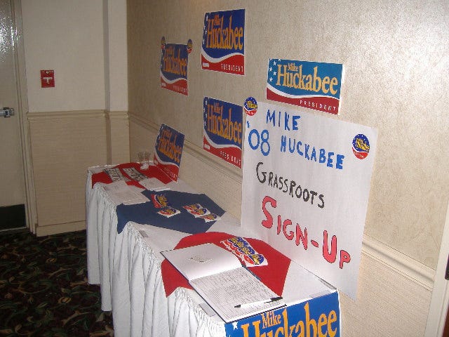 Mike Huckabee had a few people wearing his items that were on display here. Mike Huckabee had a few people wearing his items that were on display here.