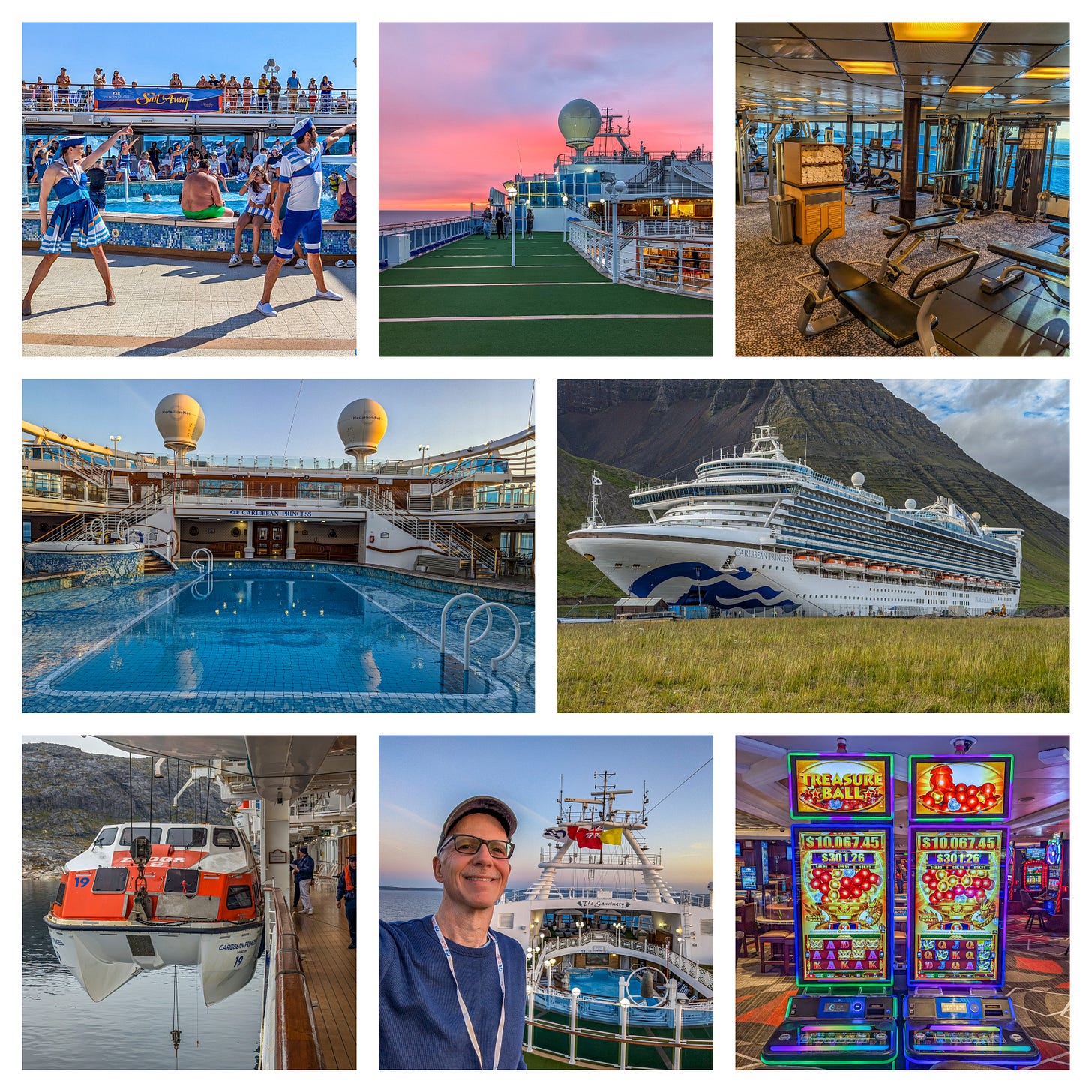 Collage showing all of the various activities on the boat including the pool, the casino, dancers and all of the amazing scenery. 