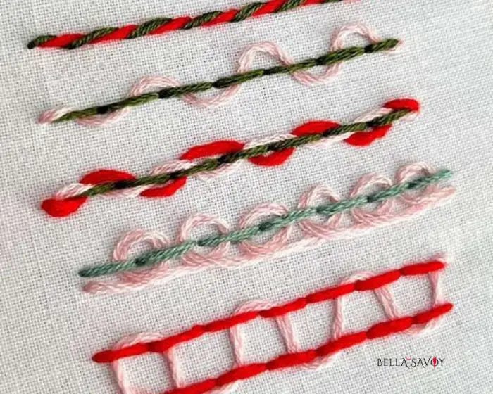 5 back stitch variations in pink, green, and reds