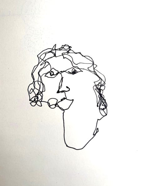 9 self portraits made as blind contour drawings, black ink on white paper, with faces askew; in one, the chin is shifted to the left so it looks like there's only half, in another the neck intersects with the chin in a way that it looks like a chin hair; in a third, the hair is completely off the head and instead is like a curtain in front of the face. They're cubist, cartoonish, strange and somehow beautiful