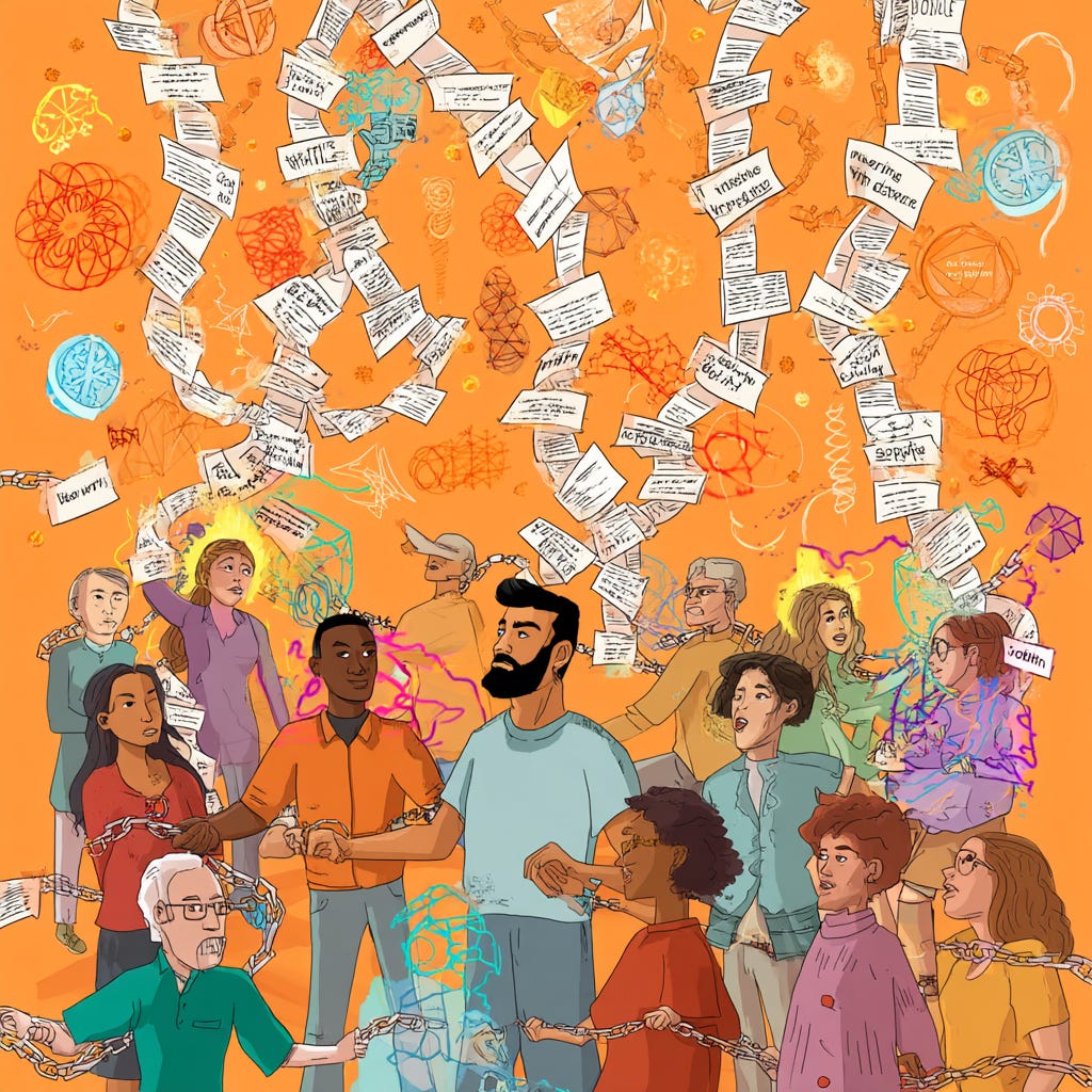 Diverse cartoon group breaking free from paper chains made of negative labels like "lazy" and "difficult." As chains break, each person glows with colorful auras representing unique talents and abilities previously hidden by the labels. Diverse cartoon group breaking free from paper chains made of negative labels like "lazy" and "difficult." As chains break, each person glows with colorful auras representing unique talents and abilities previously hidden by the labels.