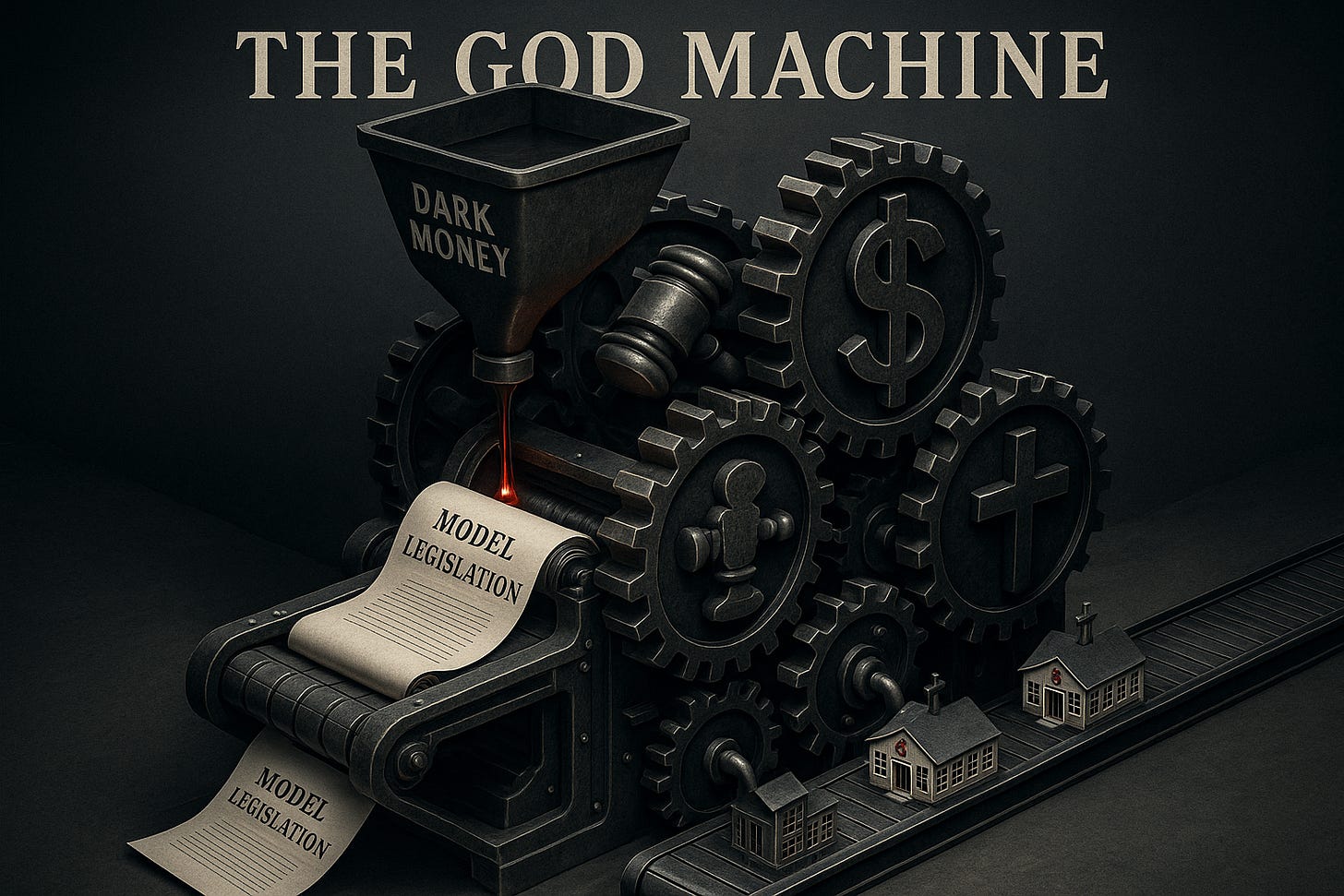 A dark, industrial machine labeled ‘The God Machine’ is powered by a funnel marked ‘Dark Money.’ The machine prints out sheets labeled ‘Model Legislation,’ visually representing the conversion of anonymous funding into model laws. The imagery conveys how dark money and engineered legislation produce church-state entanglement in public policy.