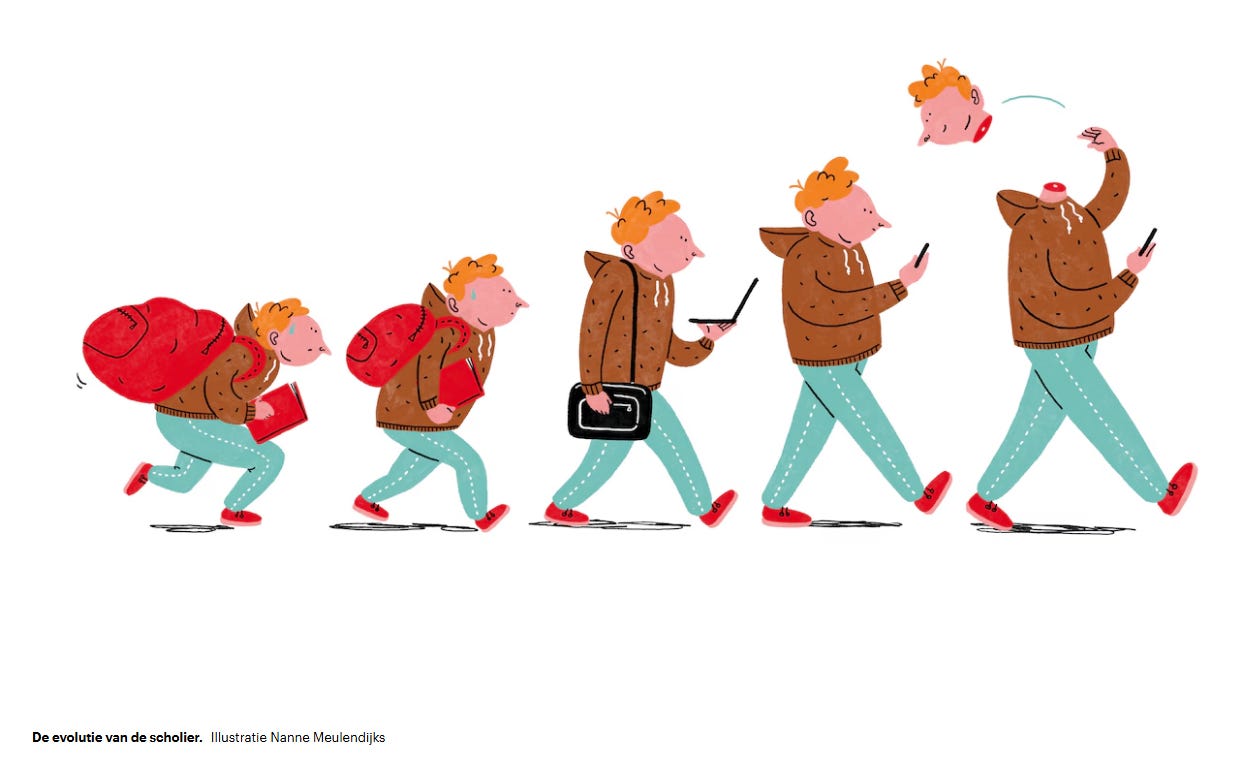 Illustratie van Nanne Meulendijks over de evolutie van de scholier in het AI-tijdperk