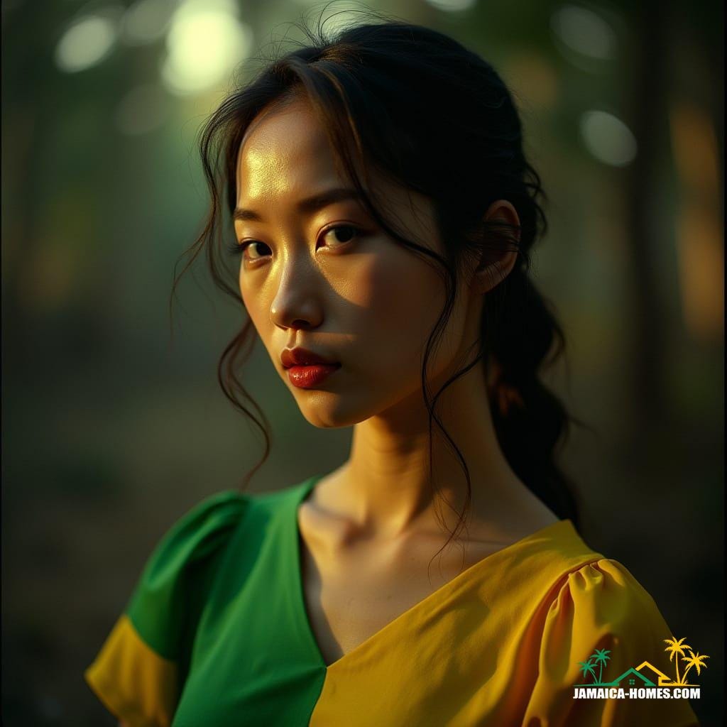 A beautiful Asian woman wearing a dress fashioned from the Jamaican flag, captured in a cinematic film still. Shot on a V-Raptor XL with 35mm film, the image features subtle film grain, a vignette, and dramatic, atmospheric cinematic lighting. The colors are expertly graded and post-processed, presenting a stunning, epic, and high-quality masterpiece with a live-action feel.