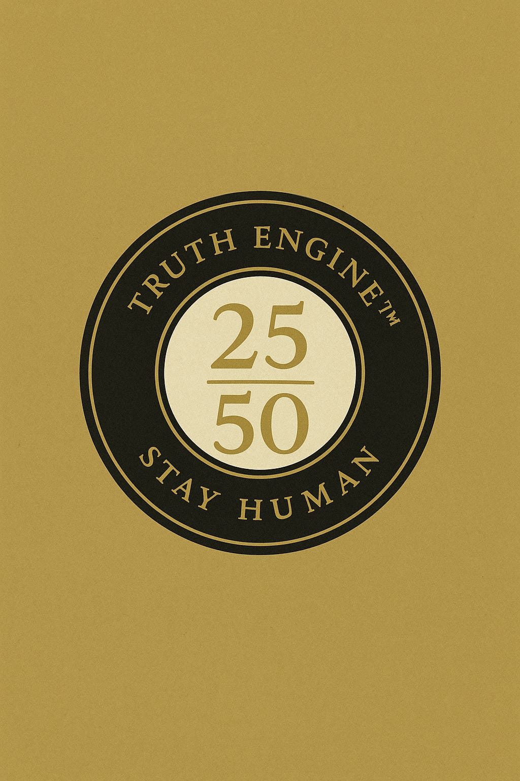 Circular seal on gold background reading ‘Truth Engine 25/50 Stay Human.