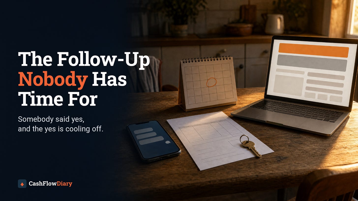 A small kitchen table in late afternoon light holding a phone with unanswered message bubbles, a blank invoice with a house key on top, a desk calendar with one day circled in orange, and an open laptop showing a personal plan page. Headline reads "The Follow-Up Nobody Has Time For" with the CashFlow Diary logo. A small kitchen table in late afternoon light holding a phone with unanswered message bubbles, a blank invoice with a house key on top, a desk calendar with one day circled in orange, and an open laptop showing a personal plan page. Headline reads "The Follow-Up Nobody Has Time For" with the CashFlow Diary logo.