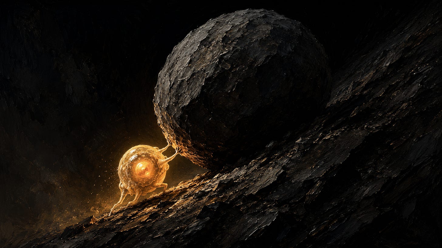 A tiny glowing cell strains to push a huge dark boulder up a steep slope into blackness, Sisyphus-style — a small warm life against a great inert mass, rendered in chiaroscuro.