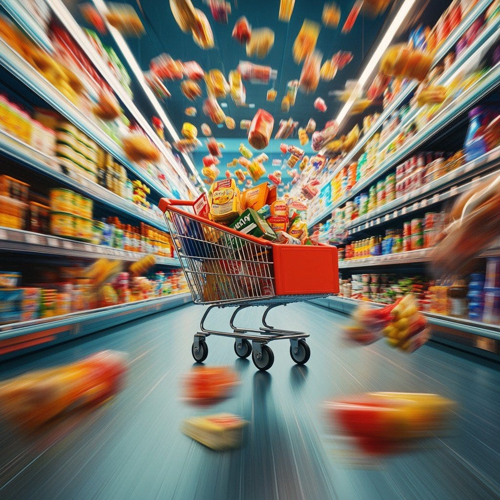 A shopping cart in a supermarket

Description automatically generated