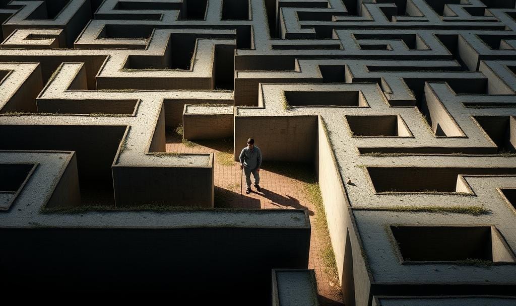 A lone person walking through the center of a large maze, symbolizing navigating hidden systems and designing one’s path through uncertainty.