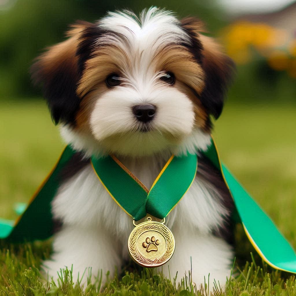 A Biewer Terrier puppy wearing a gold medal on a green ribbon