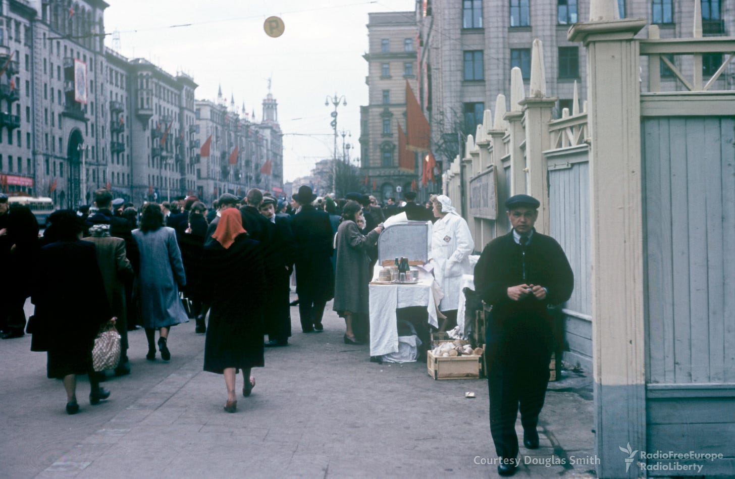 Tverskaya ploshchad, Moscow, a vibrant city square captured in rare color during the 1950s. Tverskaya ploshchad, Moscow, a vibrant city square captured in rare color during the 1950s.