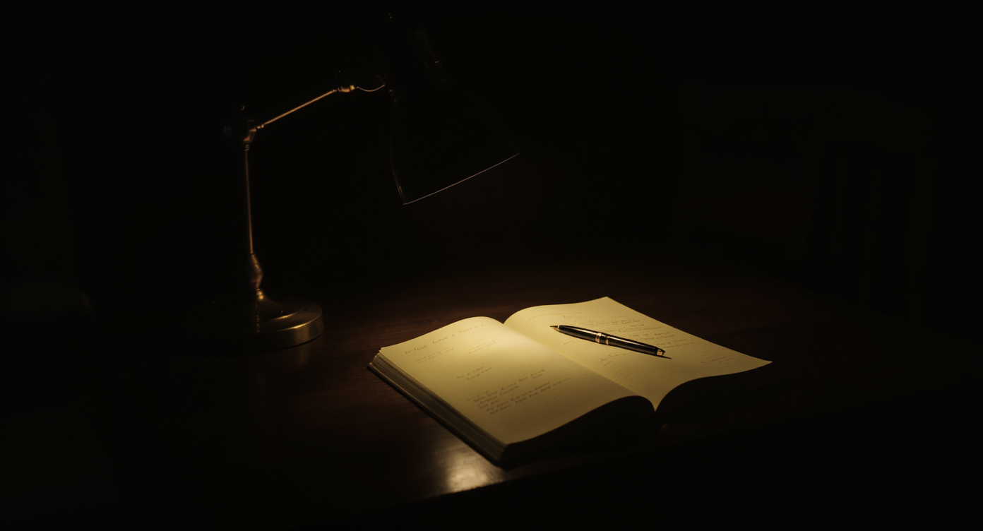 Single desk lamp illuminating notebook in darkened workspace, symbolizing clarity emerging from deliberate silence and reflection Single desk lamp illuminating notebook in darkened workspace, symbolizing clarity emerging from deliberate silence and reflection
