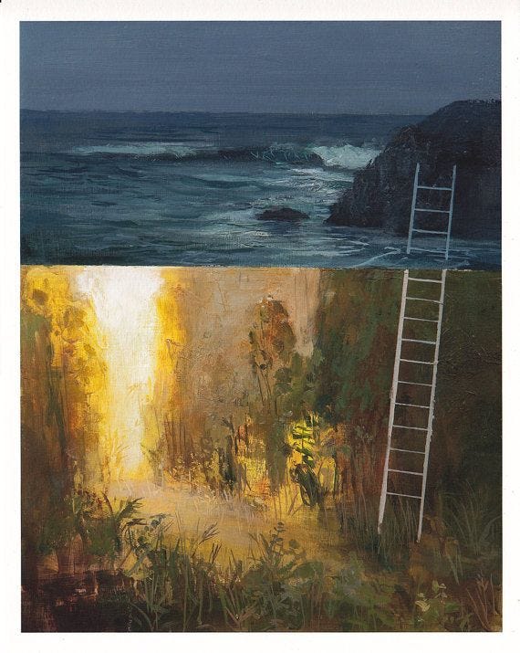 This may contain: two paintings, one with a ladder and the other with sunflowers This may contain: two paintings, one with a ladder and the other with sunflowers