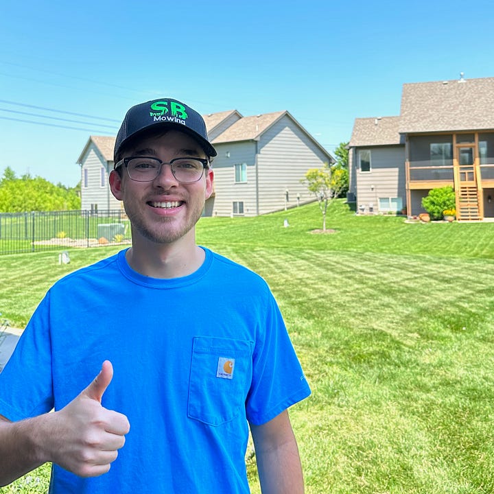 Left: Spencer B. holds 5 YouTube awards for achieving subscriber milestones. Right: Spencer in front of transformed lawn.
