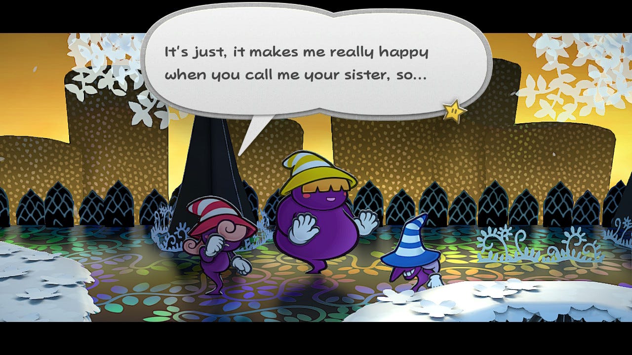 Paper Mario: The Thousand-Year Door | Vivian together with her sisters Marilyn and Beldam. In a speech bubble: "It's just, it makes me really happy when you call me your sister, so...""