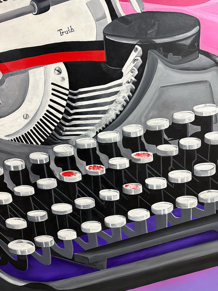 Detail shots from Pato’s mural showing a saguaro cactus emitting neon signal bolts and a close-up of typewriter keys marked with blood, evoking themes of communication, sacrifice, and journalistic truth.