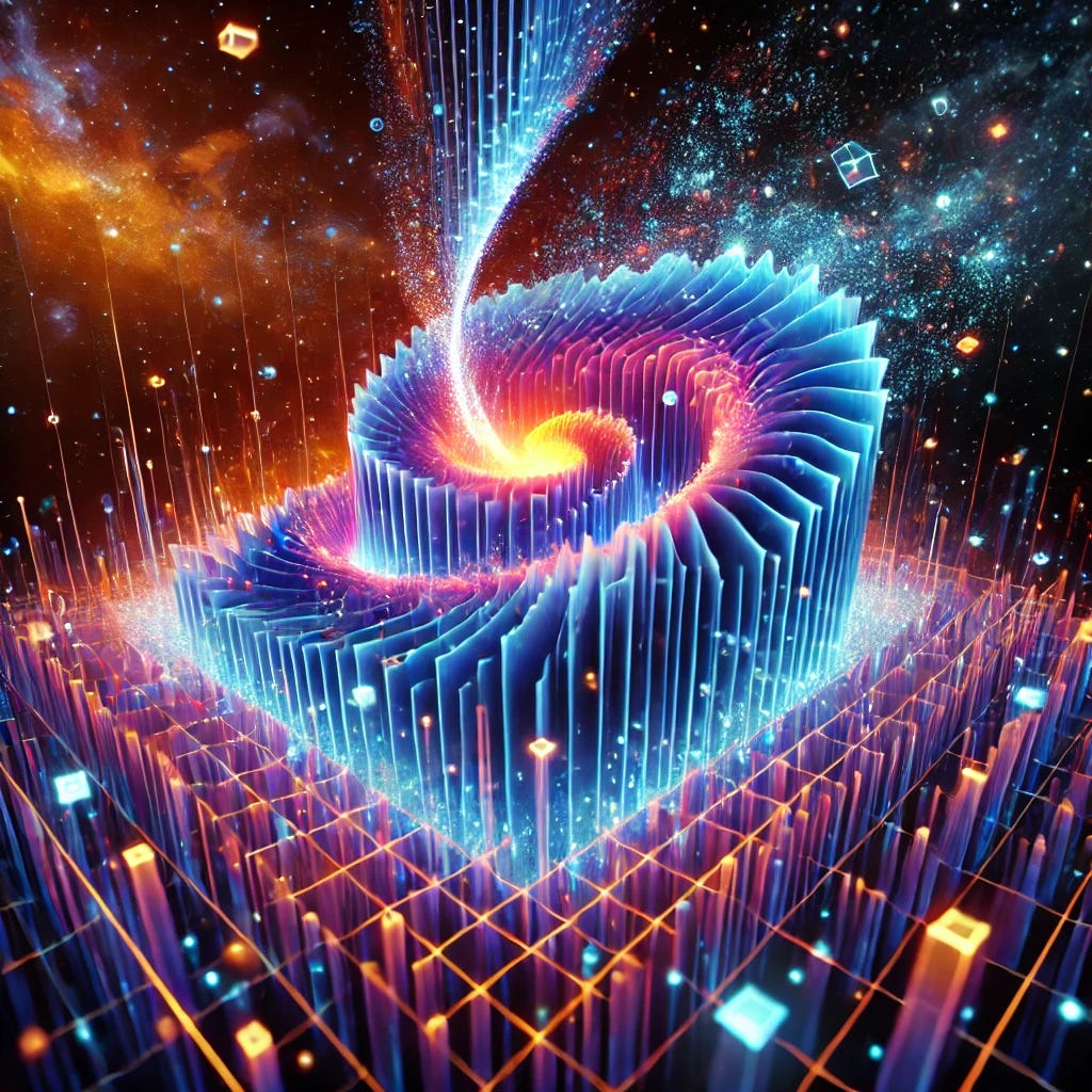 A vibrant, surreal digital concept art depicting dimensional collapse with glowing neon planes spiraling and bending chaotically in a cosmic 3D environment. The dominant plane, representing a high-IA feature, shines brightly in blue and purple hues, while smaller, fading planes retreat into the background, showing low-IA features losing significance. Data points float through the space, some clustering into small glowing orbs symbolizing embedding collapse. The environment evokes a sense of transformation, with bursts of orange and cyan highlights weaving through the composition against a dark, interstellar backdrop filled with subtle stars and glowing particles.
