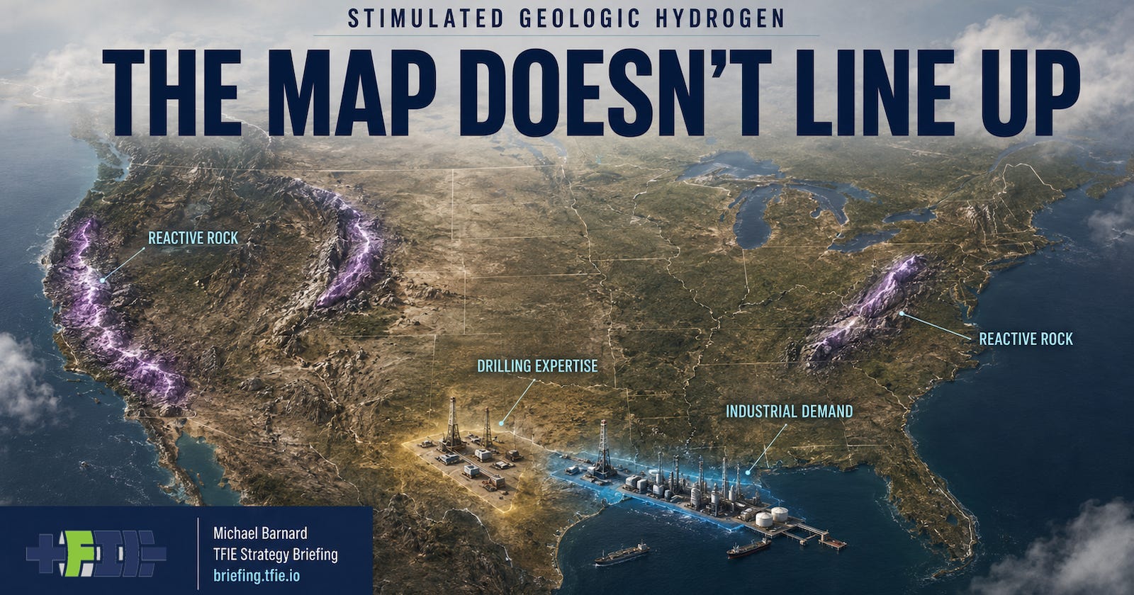 US map showing reactive rock in the West and Appalachians, drilling expertise in Texas, and industrial hydrogen demand on the Gulf Coast.