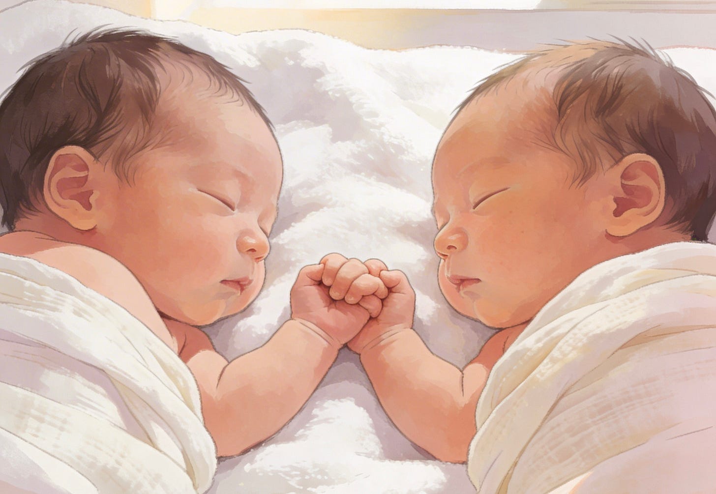 dos bebés se agarran con una de sus manitas dos bebés se agarran con una de sus manitas