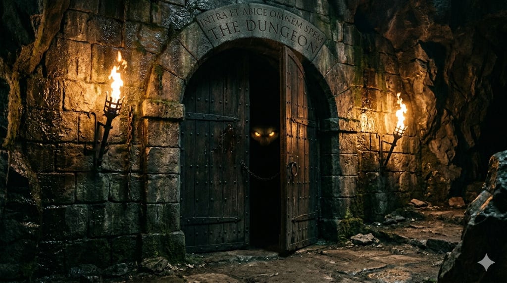 Google Gemini - "The stone entrance to a dark and ominous dungeon hangs lightly open with a pair of glowing eyes peeking out. Torches adorn the wall on either side of the door."