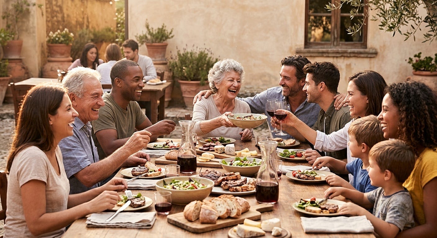 A large group of friends and family happily sharing a meal and laughing together at a rustic outdoor table in warm sunlight. A large group of friends and family happily sharing a meal and laughing together at a rustic outdoor table in warm sunlight.