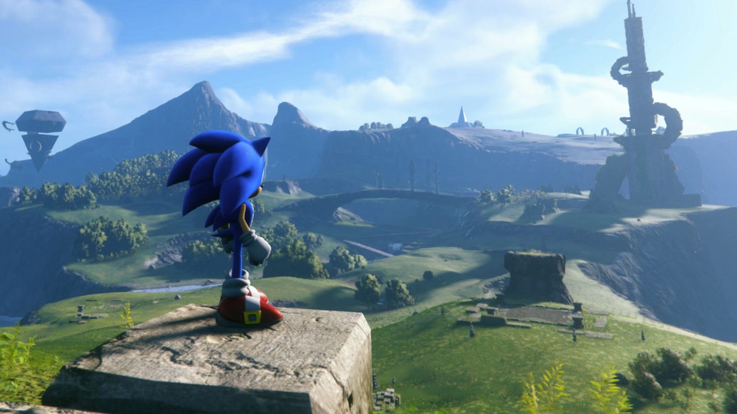 Sonic staring out onto the plains in Sonic Frontiers Sonic staring out onto the plains in Sonic Frontiers