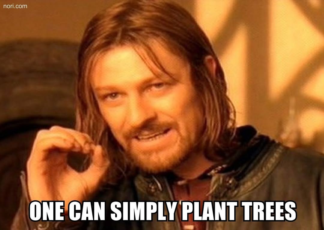 Boromir from The Lord of the Rings making his circle gesture, captioned "One can simply plant trees".