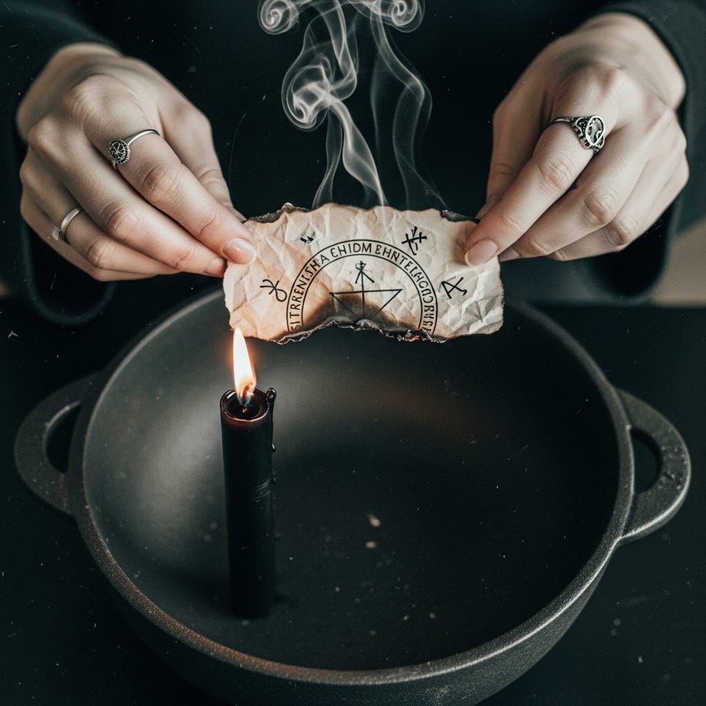 A gritty, vintage, desaturated photograph shows two hands holding crinkled paper with esoteric symbols over a dark fireproof bowl, next to a brightly burning black taper candle. Wisps of smoke rise from the paper, highlighting a ritual of release and transformation, with the candle flame providing the only warm color. A gritty, vintage, desaturated photograph shows two hands holding crinkled paper with esoteric symbols over a dark fireproof bowl, next to a brightly burning black taper candle. Wisps of smoke rise from the paper, highlighting a ritual of release and transformation, with the candle flame providing the only warm color.