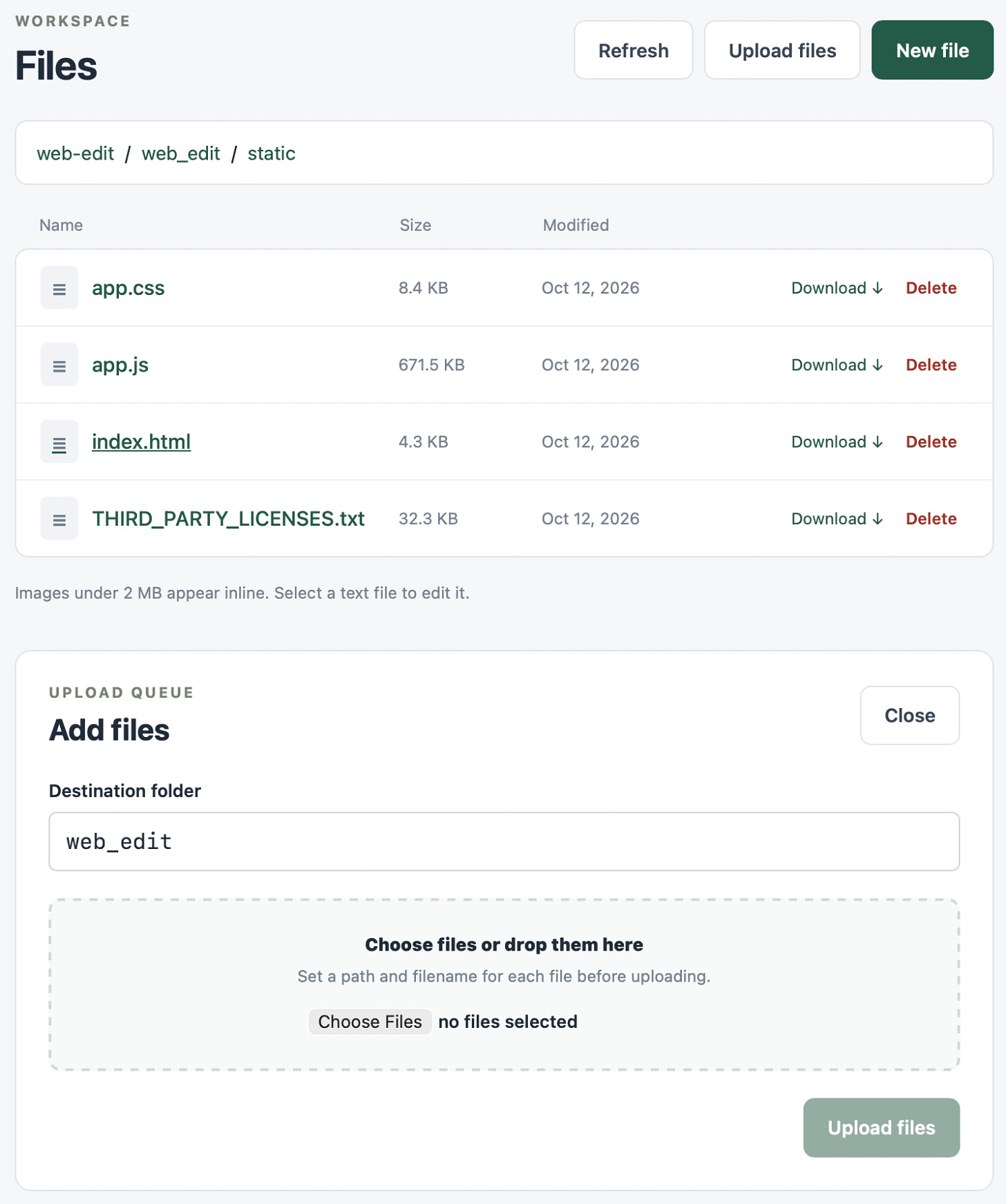 Screenshot of a web file manager interface. Header reads "WORKSPACE" above the title "Files", with buttons "Refresh", "Upload files" and "New file" (dark green). A breadcrumb shows "web-edit / web_edit / static". A table with columns "Name", "Size", "Modified" lists four files, each with "Download ↓" and "Delete" links: "app.css" 8.4 KB Oct 12, 2026; "app.js" 671.5 KB Oct 12, 2026; "index.html" 4.3 KB Oct 12, 2026 (underlined, as if hovered); "THIRD_PARTY_LICENSES.txt" 32.3 KB Oct 12, 2026. Below the table: "Images under 2 MB appear inline. Select a text file to edit it." A panel below is labelled "UPLOAD QUEUE" with heading "Add files" and a "Close" button. It has a "Destination folder" text field containing "web_edit", then a dashed drop zone reading "Choose files or drop them here" and "Set a path and filename for each file before uploading." with a "Choose Files" button and the text "no files selected". A greyed-out "Upload files" button sits at the bottom right.