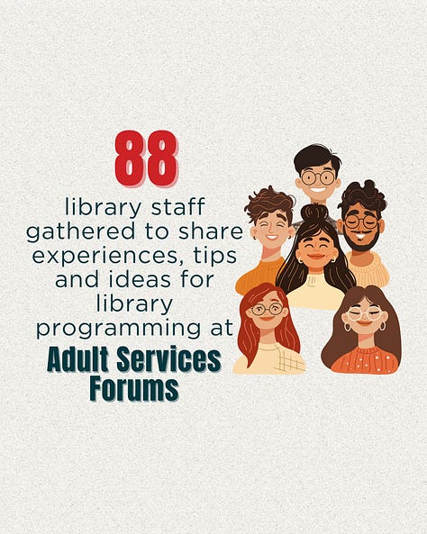 a gallery of 5 images showing federal funds supporting project, adult services, trustees, programming kits, and newsletter posts
