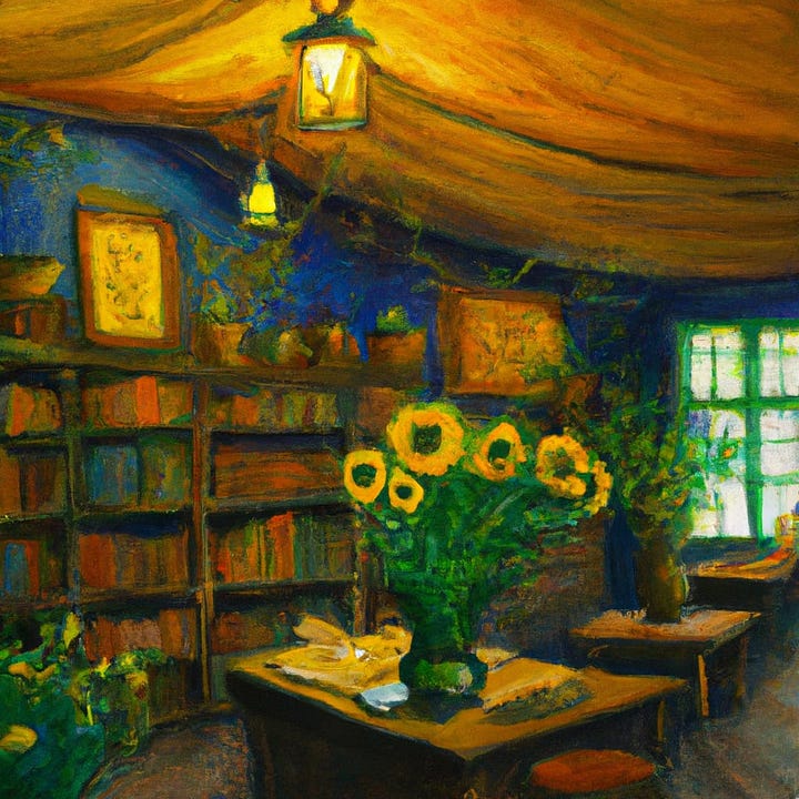 DALL-E 2 vs. GPT Image 2 paintings of a cozy bookstore in the style of Van Gogh