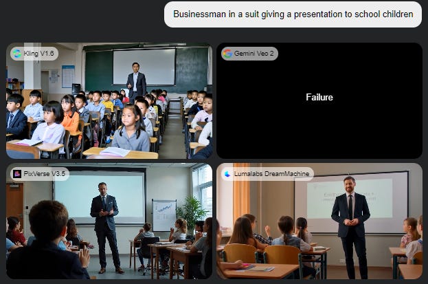 "Businessman in a suit giving a presentation to school children" image results by different image models in Genspark "Businessman in a suit giving a presentation to school children" image results by different image models in Genspark