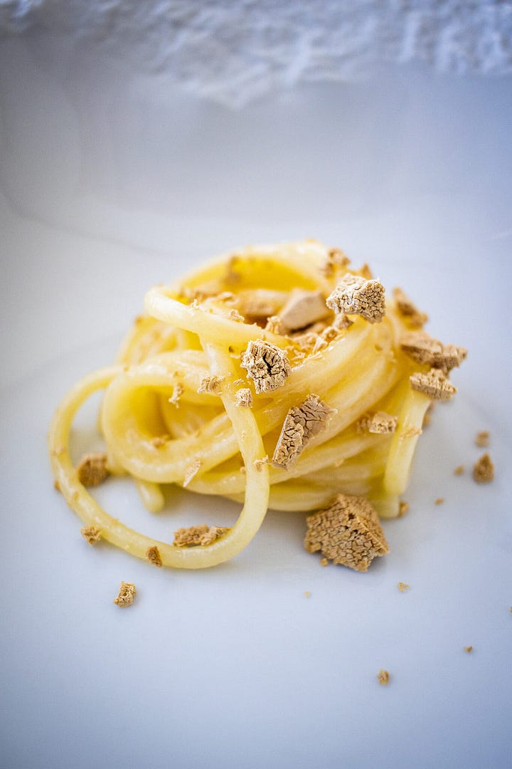 Spaghettoni with salted butter and yeast; Chef Himanshu Saini, me, Mrs EatGoSee and Chef Riccardo Camanini, January 2021 at Trésind Studio
