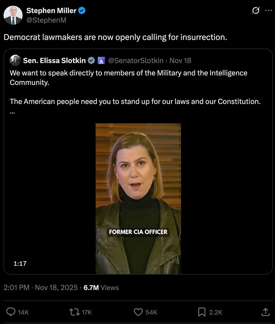 Miller tweet: Democrat lawmakers are now openly calling for insurrection. Miller tweet: Democrat lawmakers are now openly calling for insurrection.