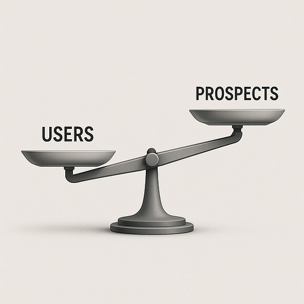 A balance scale shows heavier feedback from users over prospects.